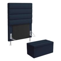 Cabeceira Atlas e Calçadeira Baú Ursa 90 para Cama de Solteiro Z-007 Sued Azul Marinho Aradecor