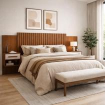 Cabeceira Bariloche Flex Regulável Casal Queen Acompanha 2 Mesas Suspensas Painel Ripado Alto Relevo