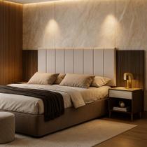 Cabeceira Box Elena 1,40 1,60 extensível Para Casal ou Queen Estofado Linho Com Mesa de Cabeceira nicho e gaveta painel estilo ripado