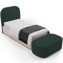 Cabeceira Cama Box 100cm Lanna com Puff Recamier Doha W01 Suede Verde Musgo - Lyam Decor