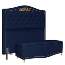 Cabeceira Cama Box Casal 140cm Com Calçadeira Baú Imperial Veludo J02 Azul - Mpozenato