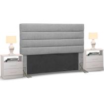 Cabeceira Cama Box Casal King 195cm Greta Linho Cinza e 2 Criados Branco - Mpozenato Cabeceira Cama Box Casal King 195cm Greta Linho Cinza e 2 Criados Branco - Mpozenato