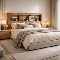Cabeceira Cama Box Casal Queen MDF Quarto Com Prateleiras 167cm Lisboa cor:nature off ripado