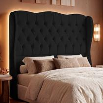 Cabeceira Cama Box King Size Alora 195cm Estofada Capitonê Moderna Bouclê Preto - Desk Design Cabeceira Cama Box King Size Alora 195cm Estofada Capitonê Moderna Bouclê Preto - Desk Design
