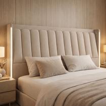 Cabeceira Cama Box Queen Estofada com LED 160cm Moan P05 Veludo Bege - Lyam Decor
