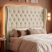 Cabeceira Cama Box Queen Size Alora 160cm Estofada Capitonê Moderna Bouclê Bege - Desk Design Cabeceira Cama Box Queen Size Alora 160cm Estofada Capitonê Moderna Bouclê Bege - Desk Design