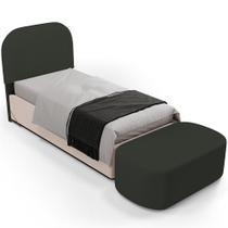 Cabeceira Cama Box Solteiro 100cm Lanna com Puff Recamier Doha W01 Linho Verde Musgo - Lyam Decor