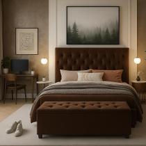 Cabeceira Cama Queen Italia Estofado com Pés e Recamier com Baú