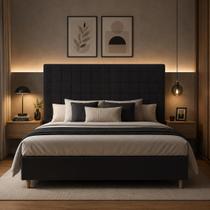 Cabeceira Casal Cama Box Estofada Suede Preto Paris 140 cm Quarto Casal MV Estofados Cabeceira Casal Cama Box Estofada Suede Preto Paris 140 cm Quarto Casal MV Estofados
