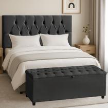 Cabeceira Casal Paris Estofada Painel com Recamier Baú 130cm para Cama Box Preto Cabeceira Casal Paris Estofada Painel com Recamier Baú 130cm para Cama Box Preto