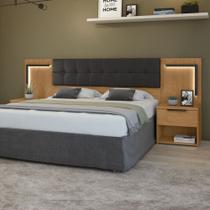 Cabeceira Casal/Queen 160cm 2 Mesas de Cabeceiras com Led Calitan Marrom Amêndoa Clean/Preto Fosco