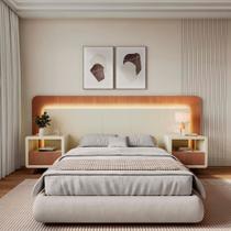 Cabeceira Casal Queen com 2 Mesas de Cabeceira LED 3000k e Tomadas 100% MDF Mabel