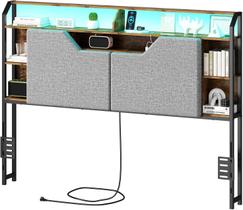 Cabeceira de Cama, Cabeceira Multifuncional com Armazenamento, Luz LED e Carregamento USB, Suporte Ajustável para Cama