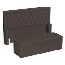 Cabeceira e Calçadeira Báu King Size Atena 195cm Capitonê Linho Cacau - Desk Design