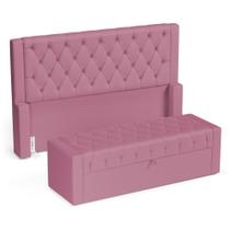 Cabeceira e Calçadeira Báu King Size Atena 195cm Capitonê Suede Rosa - Abmaza Cabeceira e Calçadeira Báu King Size Atena 195cm Capitonê Suede Rosa - Abmaza