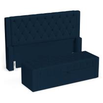 Cabeceira e Calçadeira Báu King Size Atena 195cm Capitonê Veludo Azul Marinho - Desk Design Cabeceira e Calçadeira Báu King Size Atena 195cm Capitonê Veludo Azul Marinho - Desk Design