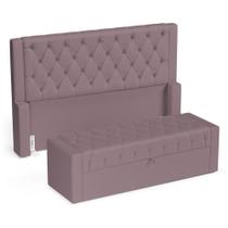Cabeceira E Calçadeira Báu Queen Size Atena 160cm Capitonê Veludo Rosê - Abmaza