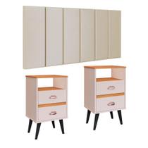 Cabeceira Estofada Modular Box Casal 1,40 Julia Areia Jogo 2 Mesinha Pequena Gaveta Nicho Canto Lateral Cama Off White/Cinamomo Classic New-RPM