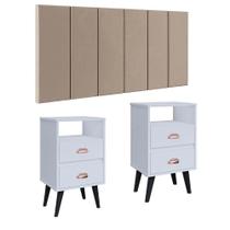 Cabeceira Estofada Modular Box Casal 1,40 Julia Bege Jogo 2 Mesinha Pequena Gaveta Nicho Canto Lateral Cama Retrô Classic New Branco-RPM