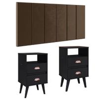 Cabeceira Estofada Modular Box Casal 1,40 Julia Marrom Jogo 2 Mesinha Pequena Gaveta Nicho Canto Lateral Cama Retrô Classic New Preto-RPM