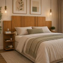 Cabeceira Flex Casal Solteiro Queen MDF Com Mesa De Cabeceira Cama Box COR:NATURE COM DETALHE RIPADO