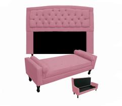 Cabeceira Geovana + Calçadeira Fênix Para Quarto Casal 140cm Suede Rosa Barbie - DL Decor