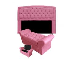 Cabeceira Geovana e Calçadeira Veneza Baú Solteiro 90cm Suede Rosa Barbie - DL Decor