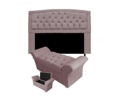 Cabeceira Geovana e Calçadeira Veneza Estofada Casal 140cm Suede Rose - DL Decor