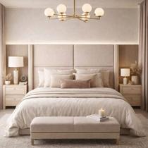 Cabeceira Grecia Estofada Luxo Queen 1,60cm Bege com Detalhes Dourado Cabeceira Grecia Estofada Luxo Queen 1,60cm Bege com Detalhes Dourado