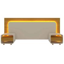 Cabeceira Innova Casal Queen King com 2 Mesas de Cabeceira e Led Gelius Cor Naturale Off White Cabeceira Innova Casal Queen King com 2 Mesas de Cabeceira e Led Gelius Cor Naturale Off White