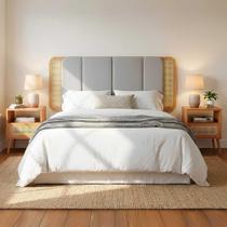 Cabeceira King 2,28m com 2 Mesas de Cabeceira com Gaveta e Detalhes em Palha 100% MDF Cabeceira King 2,28m com 2 Mesas de Cabeceira com Gaveta e Detalhes em Palha 100% MDF