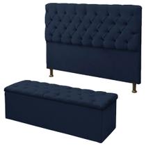 Cabeceira Mais Calçadeira Baú Casal Queen 160cm Para Cama Box Sofia Suede Azul Marinho - DS Estofados