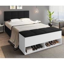 Cabeceira Painel e Calçadeira Bau Marry com Sapateira para cama Box de Casal Branco Suede Preto