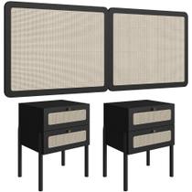 Cabeceira Queen 160cm e 2 Mesas Laterais 2 Gavetas Madeira Moss A03 Nero Preto Lyam Decor