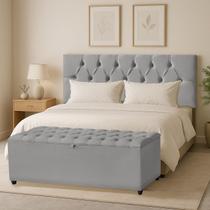 Cabeceira Queen Paris Estofada Painel com Recamier Baú 150cm para Cama Box Cinza