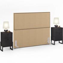 Cabeceira Queen Vicenza 160cm Linho Bege Escuro Com 02 Mesas de Cabeceira Work Preto - Lyam Decor