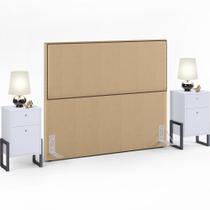 Cabeceira Queen Vicenza 160cm Linho Bege Escuro L02 E 2 Mesas de Cabeceira Work Branco - Lyam Decor