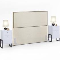 Cabeceira Queen Vicenza 160cm Linho Champagne L02 Com 02 Mesas de Cabeceira Work Branco - Lyam Decor
