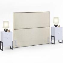 Cabeceira Queen Vicenza 160cm Linho Champagne L02 Com 02 Mesas de Cabeceira Work Branco - Lyam Decor