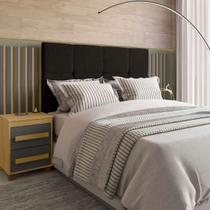 Cabeceira Ripada Estofada para cama box casal Queen king RV Móveis Suíça com 02 mesas de cabeceira com tomada cinamomo Grafite