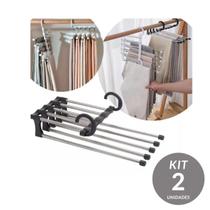 Cabide Inox para Calças - Retrátil com 5 Divisórias Reforçado - Kit 2 unidades