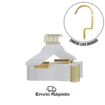 Cabide Luxo Adulto em Madeira Branca com Presilhas e Gancho Dourado 10 Unidades Cabide Luxo Adulto em Madeira Branca com Presilhas e Gancho Dourado 10 Unidades