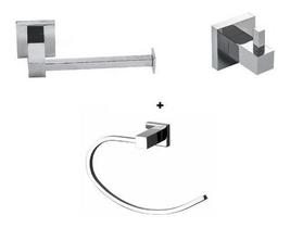 Cabide Metal Inox + Porta Toalhas de Rosto Argola + Papeleira Reta Cromado