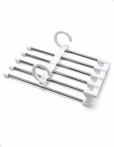 Cabide Organizador Multifuncional de Guarda Roupa 5 Divisórias para Calças Saias Shorts Toalhas Lenços Vertical Horizontal Branco Metal Cromado
