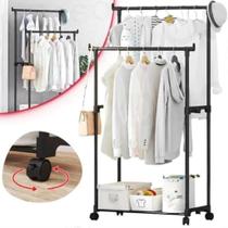 Cabideiro Arara dupla 5kg para Roupas com prateleira 1,30x65x34cm base com rodinhas de piso da marca Clink Moment