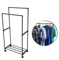 Cabideiro/ arara dupla com prateleira + base rodizio de piso Cabideiro/ arara dupla com prateleira + base rodizio de piso