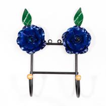 Cabideiro de Parede Artesanal 2 Ganchos 2 Flores Azul Cabideiro de Parede Artesanal 2 Ganchos 2 Flores Azul