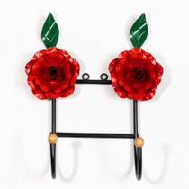 Cabideiro de Parede Artesanal 2 Ganchos 2 Flores Vermelha