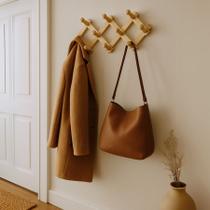 Cabideiro De Parede Sanfonado Madeira 10 Ganchos Rústico Extensível Porta Bolsas