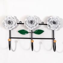 Cabideiro de Parede Suporte Artesanal 3 Ganchos Flor Branca